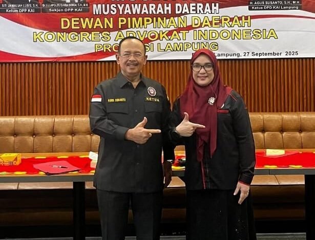 Duet Advokat Agus Susanto dan Enita, Ketua & Sekretaris KAI Lampung Periode 2025- 2030 Dilantik Rabu Besok di Santika Premiere.