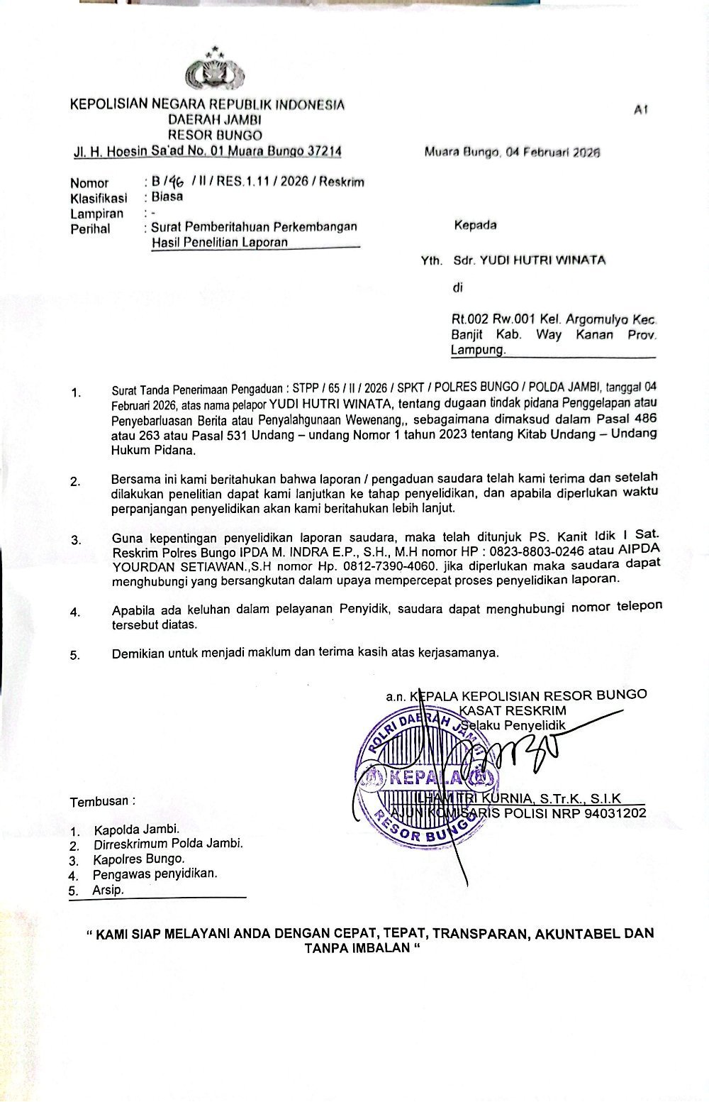 Diduga Salahgunakan Jabatan, Datuk Rio Desa Gapura Suci Diselidiki Polres Bungo