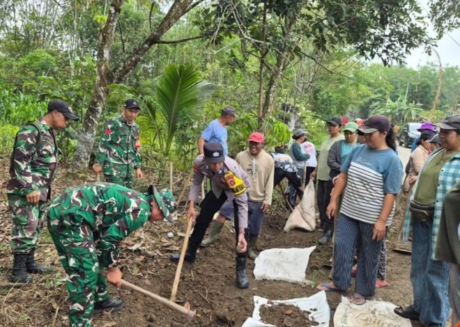 Sinergi TNI-Polri dan Pemkab Way Kanan Gelar Gotong Royong Perbaiki Jalan Rusak di Banjit