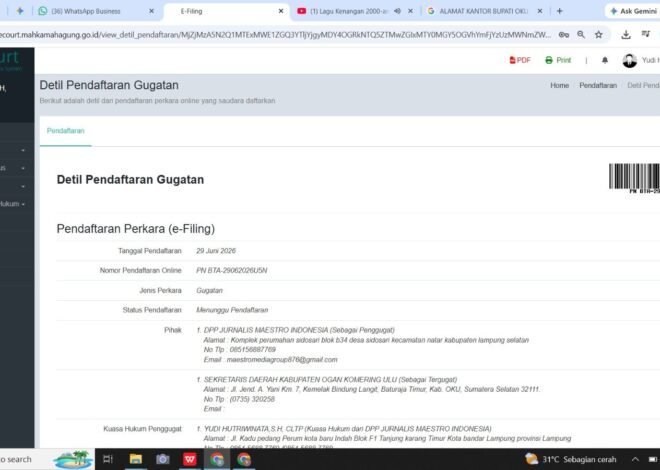 Sekda OKU Abaikan Putusan PTUN, Ketua Umum JMI Yudi Hutriwinata Sentil Keras: Contoh Buruk Kepatuhan Hukum dan Jauh dari Good Governance! Perdana, Sekda OKU Sumsel di Gugatan PMH Ke PN Baturaja buntut abaikan putusan PTUN yang telah inkracht.